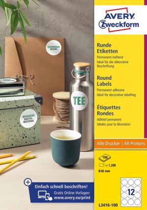 Avery Zweckform ronde etiketten, diameter 60 mm, wit, permanent klevend, 120 etiketten, 10 vellen