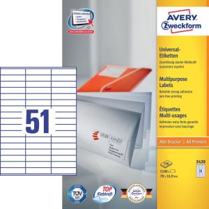 Avery Zweckform 3420, Universele etiketten, Ultragrip, wit, 100 vel, 51 per vel, 70 x 16,9 mm
