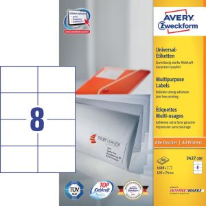 Avery Zweckform 3427, Universele etiketten, Ultragrip, wit, 200 vel, 8 per vel, 105 x 74 mm
