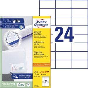 Avery Zweckform 3475, Universele etiketten, Ultragrip, wit, 200 vel, 24 per vel, 70 x 36 mm