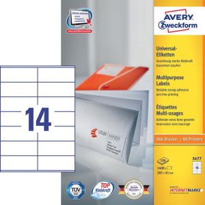 Avery Zweckform 3477, Universele etiketten, Ultragrip, wit, 100 vel, 14 per vel, 105 x 41 mm