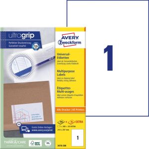 Avery Zweckform 3478-2, Universele etiketten, Ultragrip, wit, 200 vel, 1 per vel, ft 210 x 297 mm