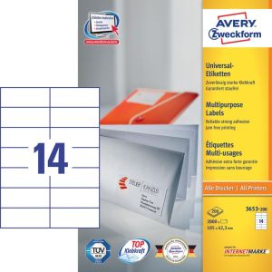 Avery Zweckform 3653, Universele etiketten, Ultragrip, wit, 200 vel, 14 per vel, 105 x 42,3 mm