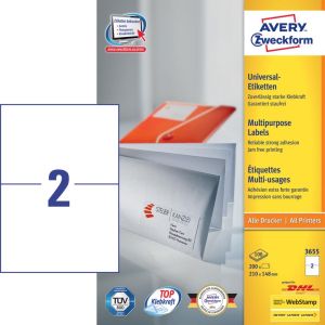 Avery Zweckform 3655, Universele etiketten, Ultragrip, wit, 100 vel, 2 per vel, 210 x 148 mm
