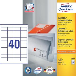 Avery Zweckform 3657, Universele etiketten, Ultragrip, wit, 100 vel, 40 per vel, 48,5 x 25,4 mm