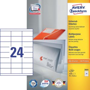 Avery Zweckform 3664, Universele etiketten, Ultragrip, wit, 100 vel, 24 per vel, 70 x 33,8 mm