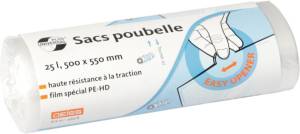 Sac poubelle Universal Plus, 7 microns, ft 50 x 55 cm, 25 litres, transparent, rouleau de 50 pi&egrave;ces