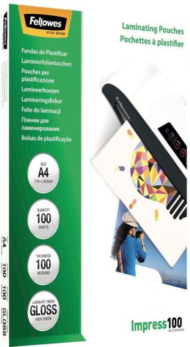 Fellowes pochette &agrave; plastifier Impress100, ft A4, 200 microns (2 x 100 microns), paquet de 100 pi&egrave;ces