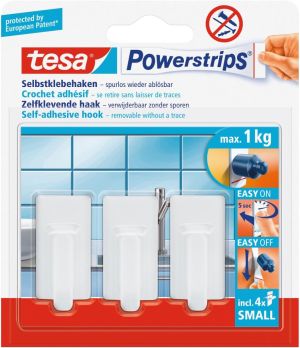 Tesa zelfklevende haken Powerstrips, draagkracht 1 kg, wit, blister van 4 strips en 3 haken