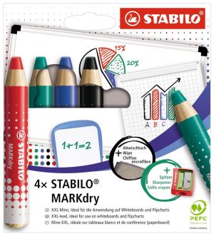 Stabilo MARKdry potlood voor whiteboards, etui van 4 stuks in geassorteerde kleuren