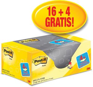 Post-it Notes, ft 38 x 51 mm, geel, blok van 100 vel, pak van 16 + 4 gratis