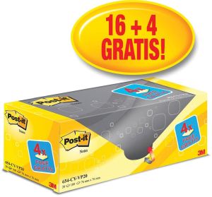 Post-it Notes, 100 vel, ft 76 x 76 mm, geel, pak van 16 blokken + 4 gratis