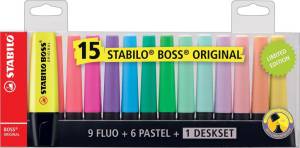 STABILO BOSS ORIGINAL Pastel surligneur, deskset de 15 pi&egrave;ces en couleurs assorties