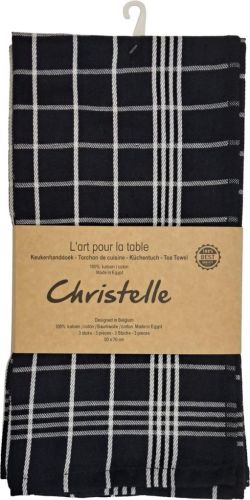 Handdoek Christelle, ft 50 x 70 cm, geruit, zwart, pak van 3 stuks