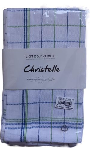 Essuie-mains Christelle, ft 50 x 70 cm, quadrill&eacute;, vert bleu, paquet de 6 pi&egrave;ces