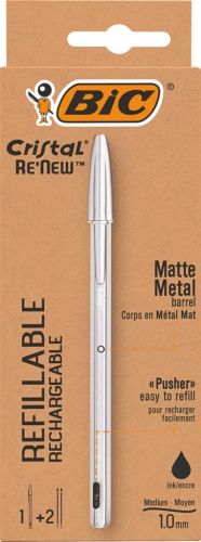 Bic stylo &agrave; bille Cristal Re-new, corps argent, encre noir, bo&icirc;te de 1 pi&egrave;ce et 2 recharges