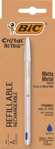 Bic stylo &agrave; bille Cristal Re-new, corps argent, encre bleu, bo&icirc;te de 1 pi&egrave;ce et 2 recharges