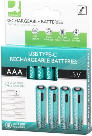 Q-CONNECT piles rechargeables USB-C AAA, blister 4 pi&egrave;ces