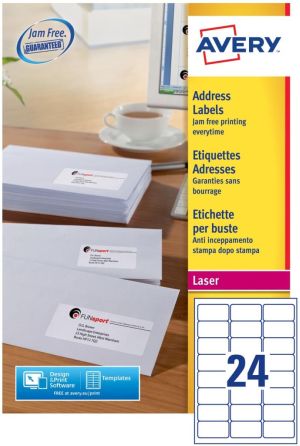 Avery L7159, Etiquettes adresses, Laser, Ultragrip, blanches, 100 pages, 24 per page, 63,5 x 33,9 mm