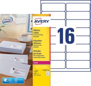Avery L7162, Etiquettes adresses, Laser, Ultragrip, blanches, 40 pages, 16 per page, 99,1 x 33,9 mm
