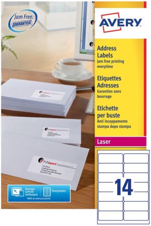 Avery L7163, Etiquettes adresses, Laser, Ultragrip, blanches, 250 pages, 14 per page, 99,1 x 38,1 mm