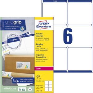 Avery L7166, Etiquettes d'exp&eacute;dition, Laser, Ultragrip, blanches, 100 pages, 6 per page, 99,1 x 93,1 mm