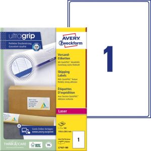 Avery L7167, Verzendetiketten, Laser, Ultragrip, wit, 100 vellen, 1 per vel, 199,6 x 289,1 mm