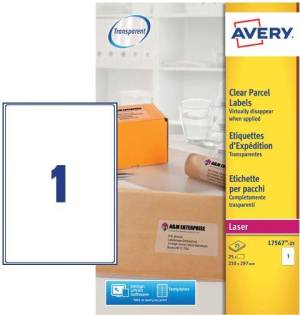 Avery L7567-25 &eacute;tiquettes d'exp&eacute;dition ft 210 x 297 mm (b x h), 25 &eacute;tiquettes, transparent