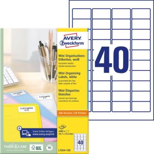 Avery Witte laseretiketten QuickPeel  ft 45,7 x 25,4 mm (b x h), 4.000 stuks, doos van 100 blad