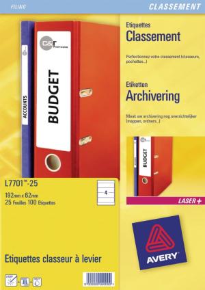 25 flles étiq. laser Avery 4 x 192/62 mm