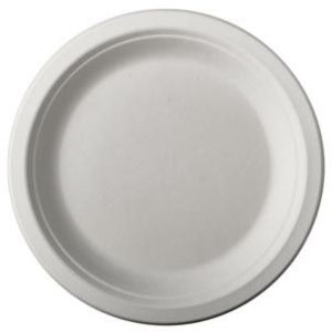 Assiette pure, ronde, blanche, diam&egrave;tre 18 cm, en canne &agrave; sucre, paquet de 50 pi&egrave;ces