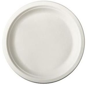 Assiette pure, ronde, blanche, diam&egrave;tre 23cm, en canne &agrave; sucre, paquet de 50 pi&egrave;ces