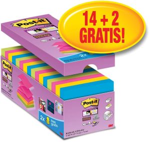 Post-it Super Sticky z-notes, 90 feuilles, ft 76 x 76 mm, bo&icirc;te de 14+2 gratuit, couleurs assorties