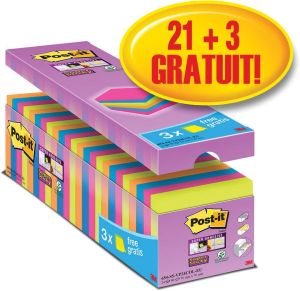 Post-it super Sticky notes, 90 vel, ft 76 x 76 mm, geassorteerde kleuren, pak van 21 blokken + 3 gratis